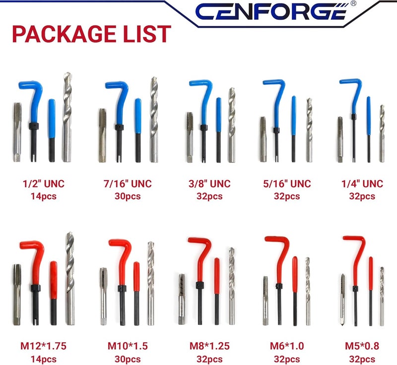 CENFORGE Helicoil Thread Repair Tool Kit 320-Piece: SAE (1/4"-1/2") & Metric (M5-M12) | Includes HSS Drill Bits, Taps, 304SS Inserts & Break-Off Tools | Professional Thread Restorer for Automotive & Machinery - Image 2
